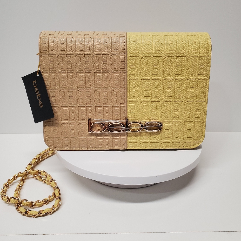 Bebe Ailey embossed large crossbody Yellow/Taupe color with gold chain